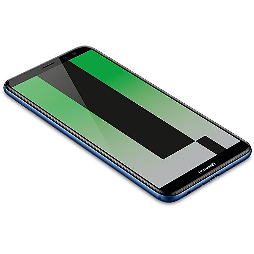 Un telefono blu su una superficie bianca, lo schermo mostra forme verdi e nere, Huawei è scritto.