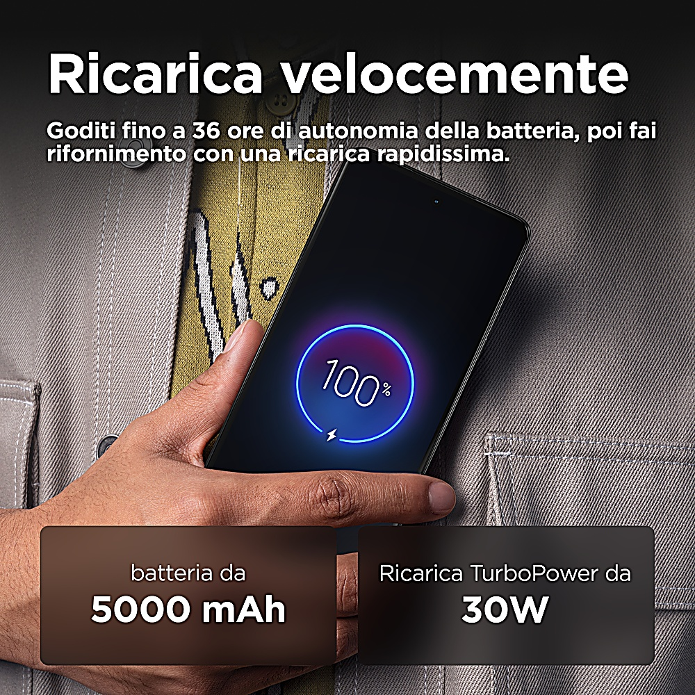 La mano di una persona che tiene un telefono con il 100% di batteria e testo sulla ricarica rapida.