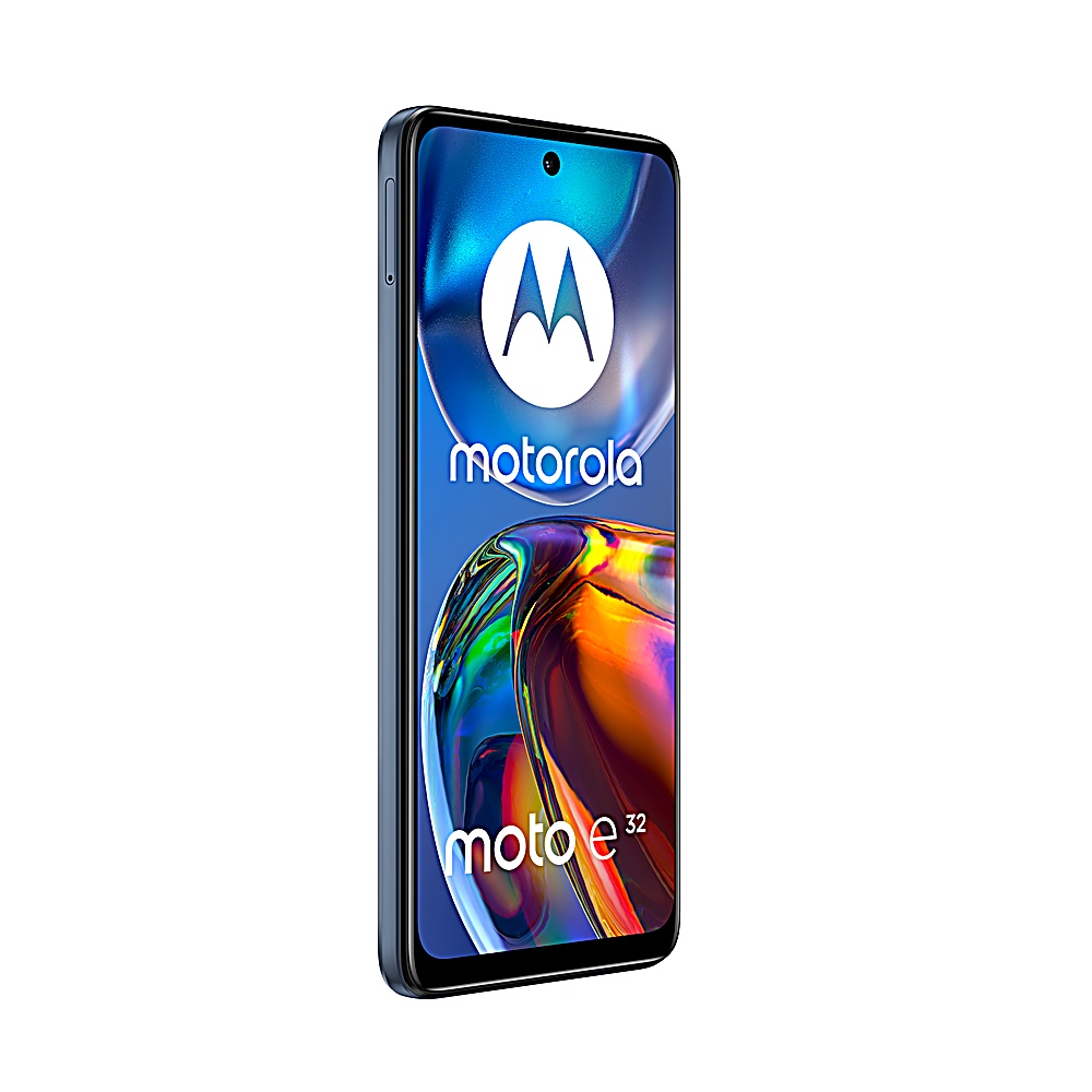 Niebieski smartfon z białym logo Motorola i napisem 'moto e32'.