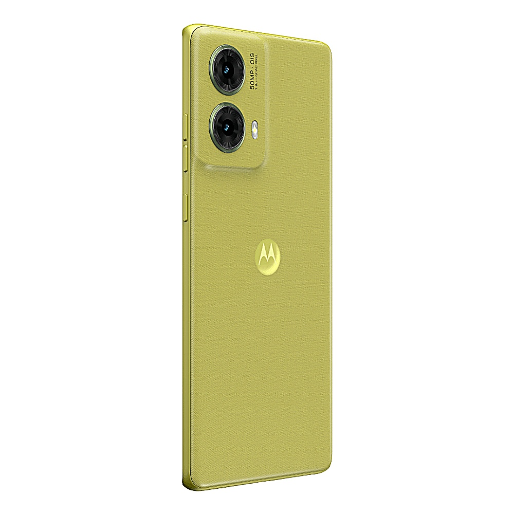 Olivgrünes Smartphone-Rückseite mit Kamera, Motorola-Logo und Knöpfen.