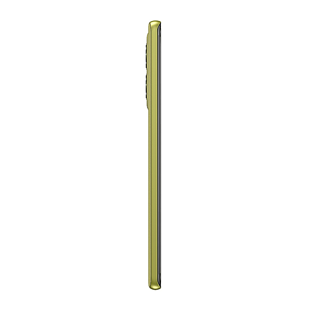 Seitenansicht eines olivgrünen Smartphones auf weißem Hintergrund.