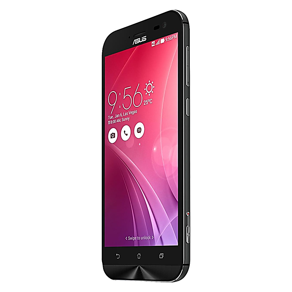 Smartphone ASUS nero angolato verso destra, che mostra uno schermo a motivi rosa e viola con l'ora e le icone.