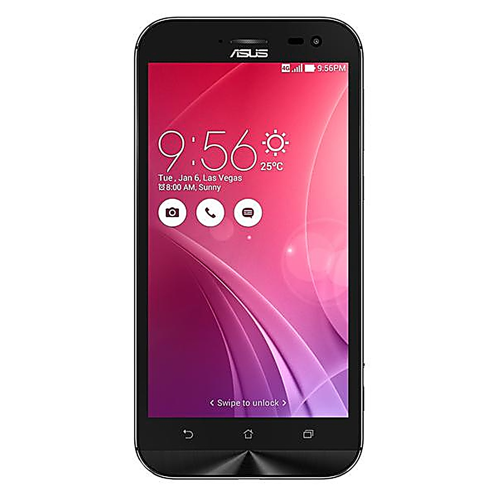 Smartphone ASUS nero che mostra uno schermo rosa e viola a motivi con l'ora, il meteo e le icone nella parte superiore.