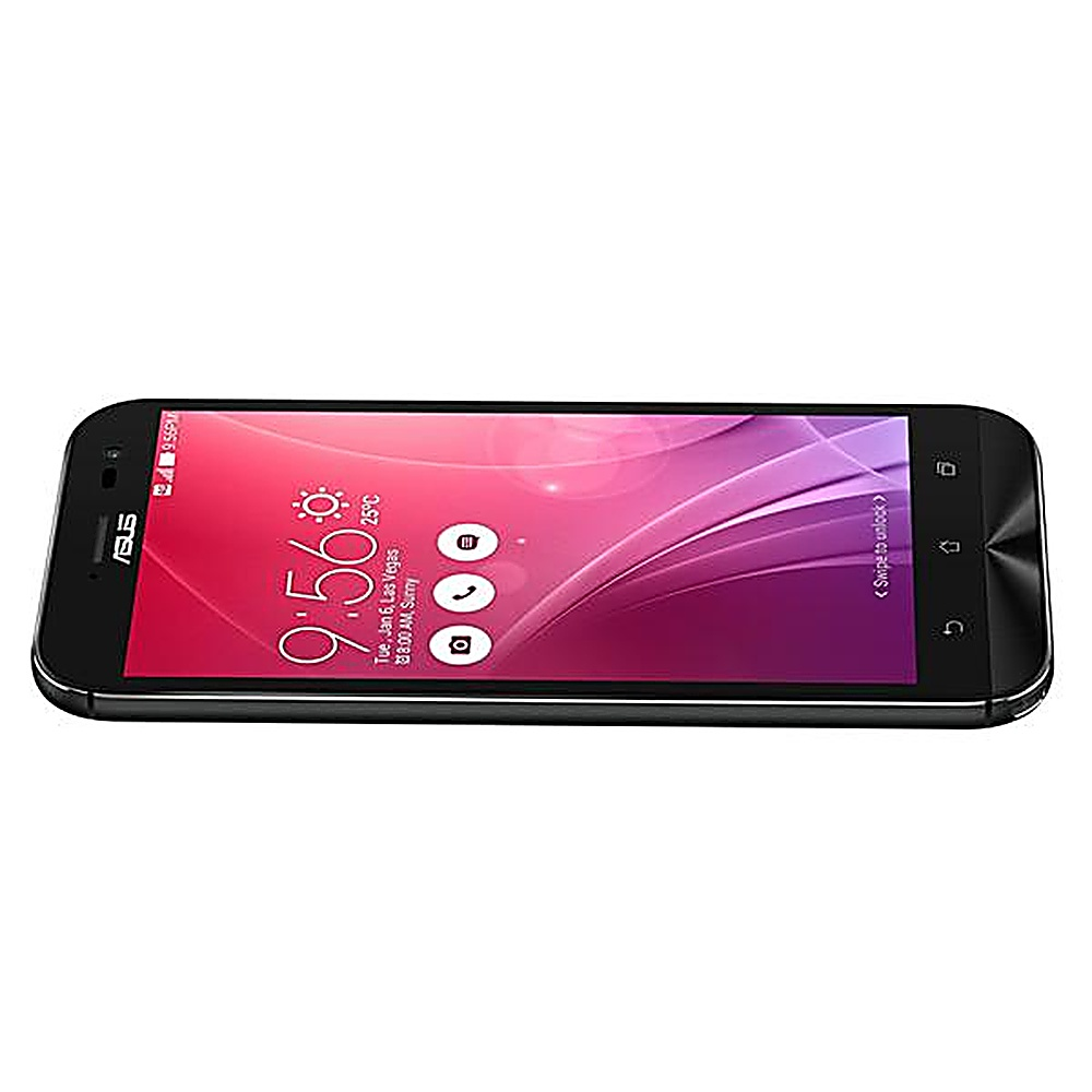 Smartphone nero, che mostra uno schermo con l'ora, angolato.