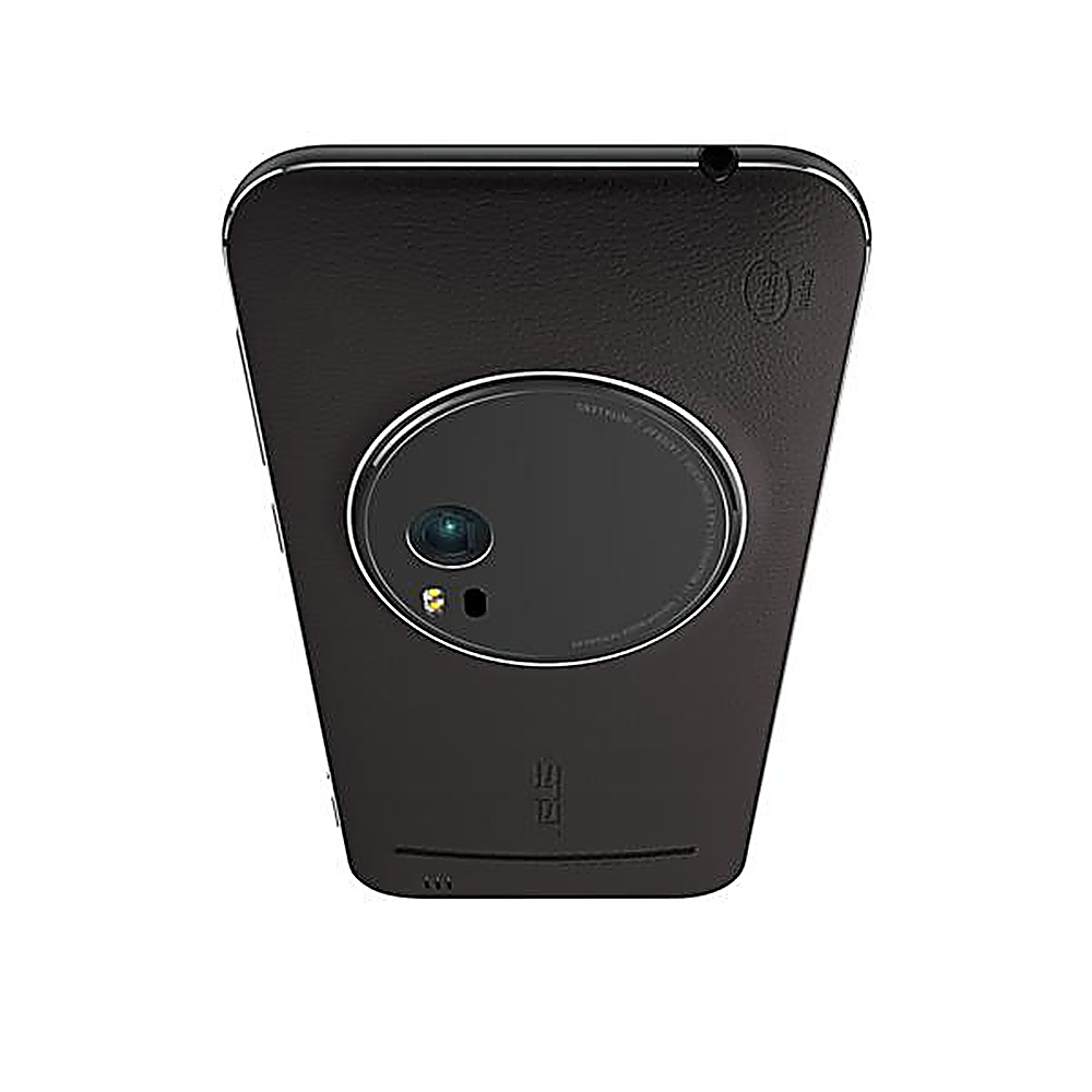 Il retro di un telefono nero con un modulo fotocamera circolare e una texture in pelle. Il logo ASUS è visibile.