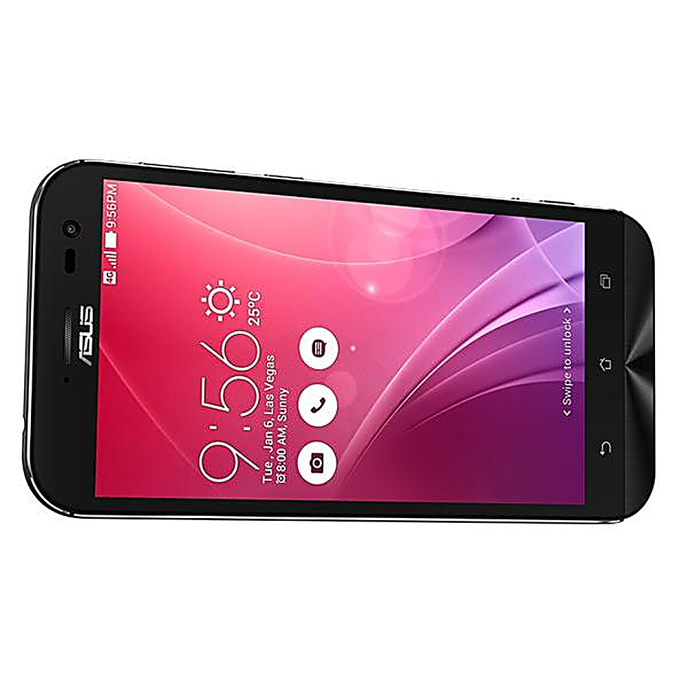 Smartphone ASUS nero angolato verso destra, che mostra uno schermo a motivi rosa e viola con l'ora e le icone.