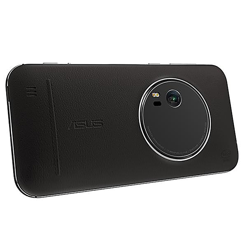 Il retro di un telefono nero con un modulo fotocamera circolare e il logo ASUS. Ha una texture in pelle.