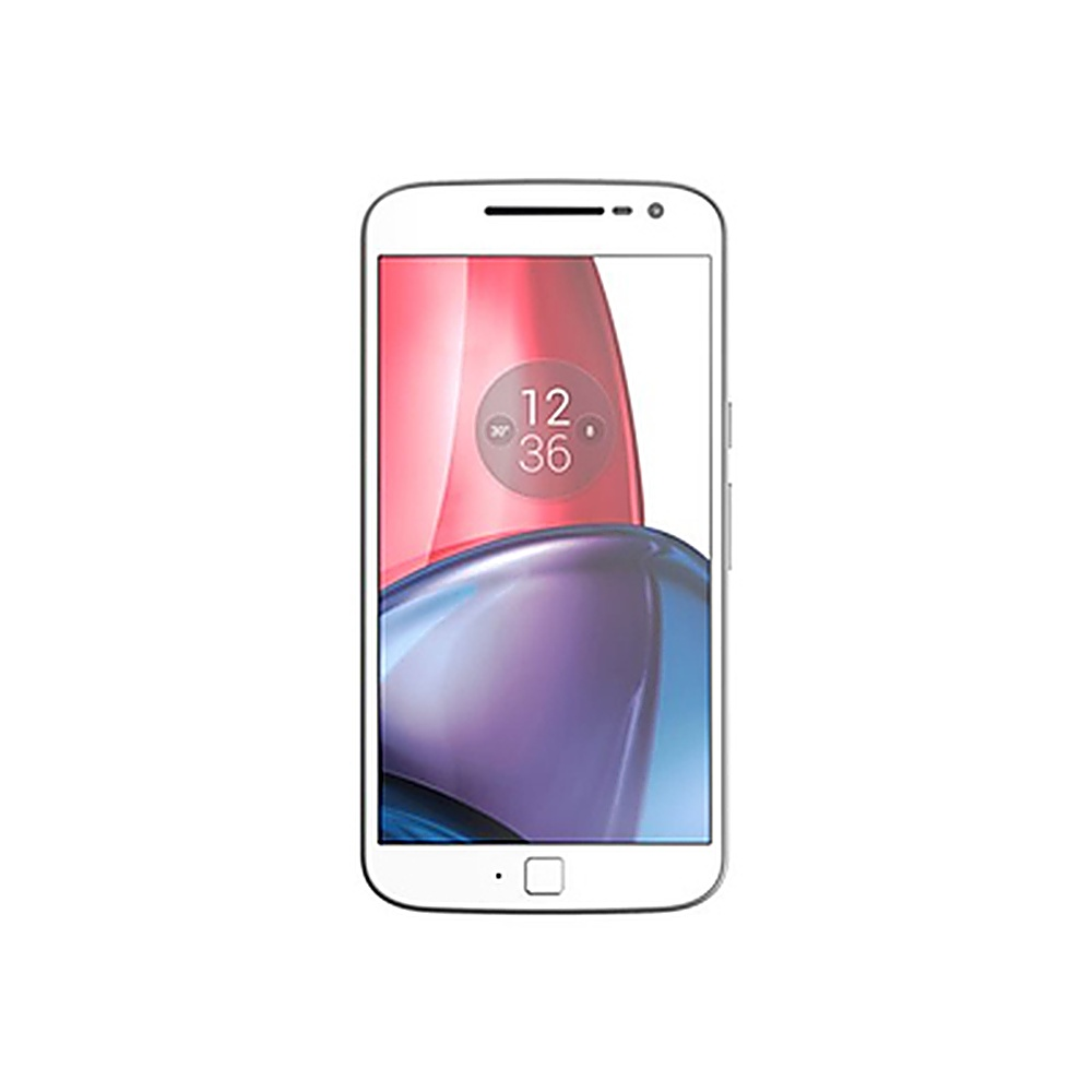 Smartphone bianco, che mostra uno schermo a blocchi di colore. Ha un display circolare dell'ora e un logo Motorola in basso.
