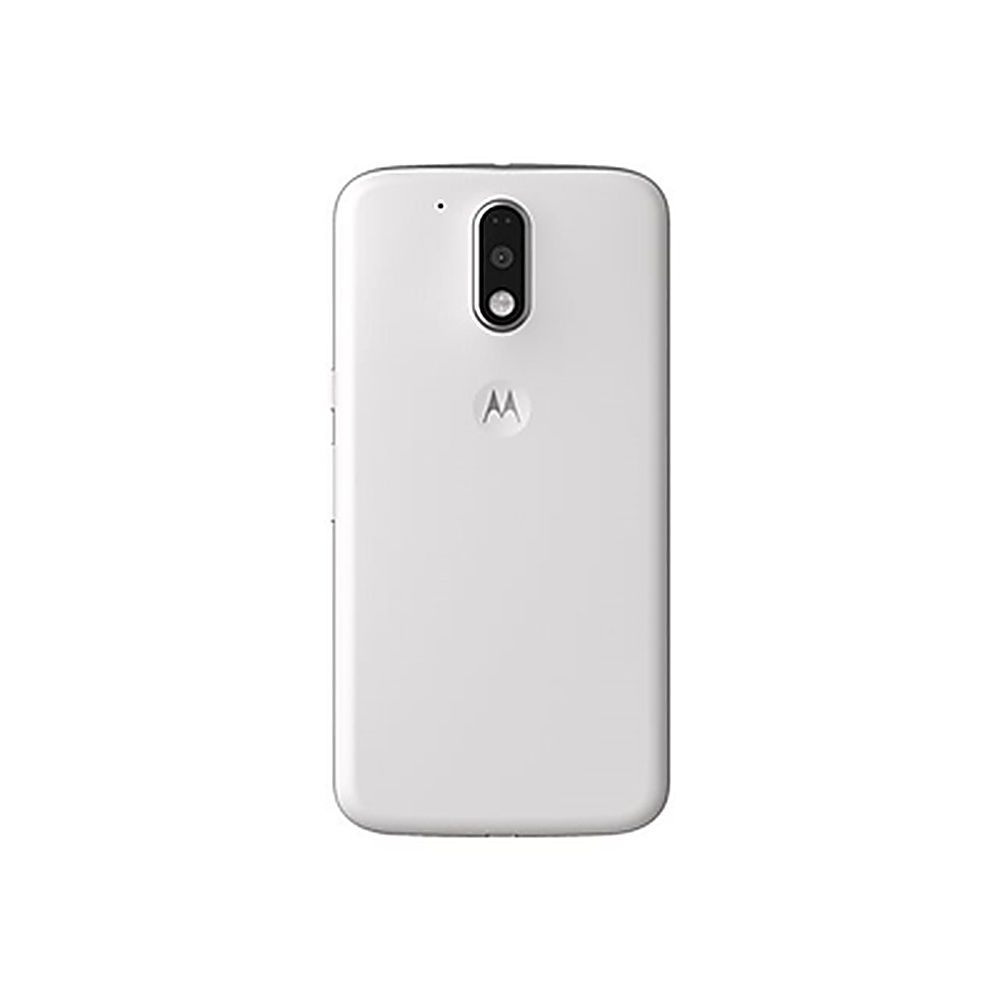 Retro di un telefono Motorola bianco con una fotocamera, sfondo bianco.