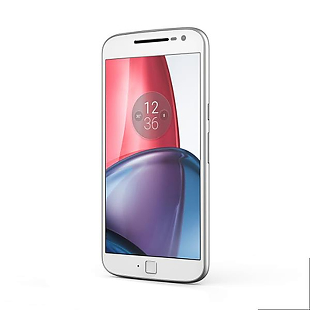 Smartphone bianco con schermo a blocchi di colore, che mostra l'ora e un logo Motorola in basso.