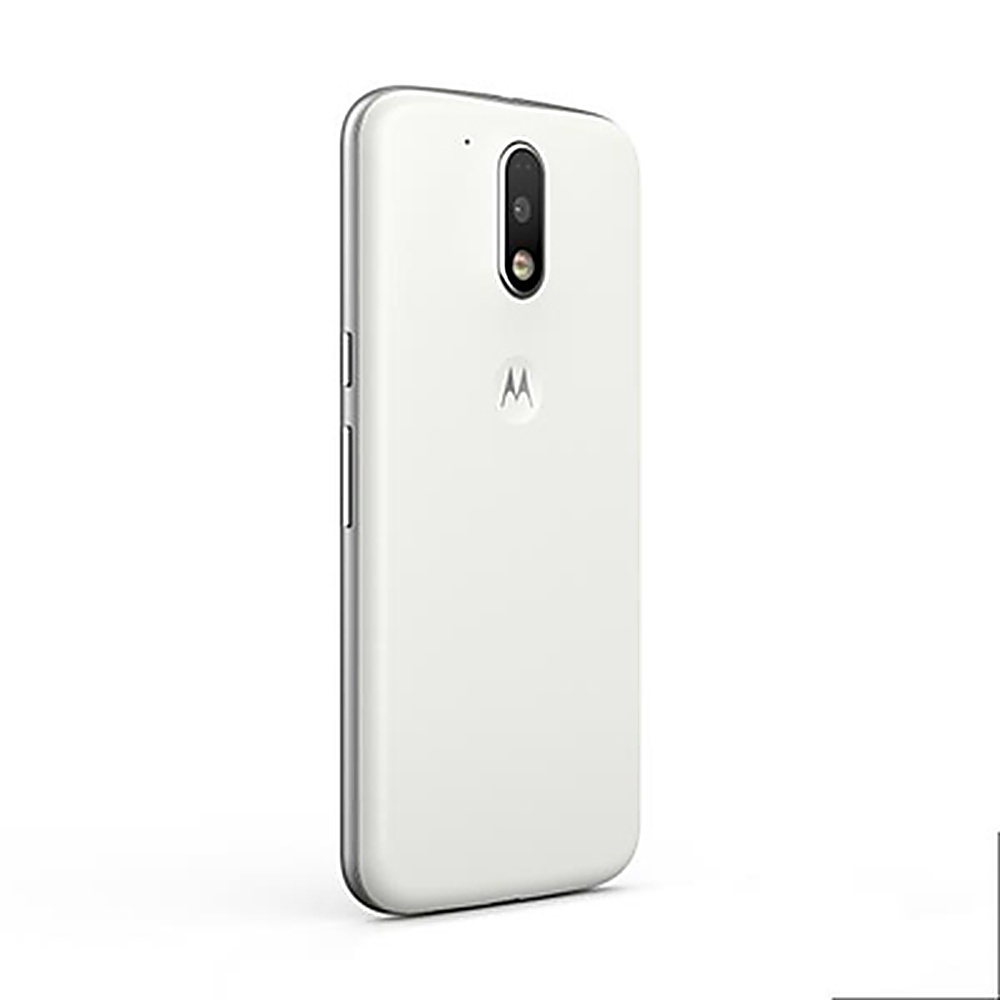 Smartphone bianco, vista posteriore, con fotocamera e logo. Isolato su sfondo bianco.