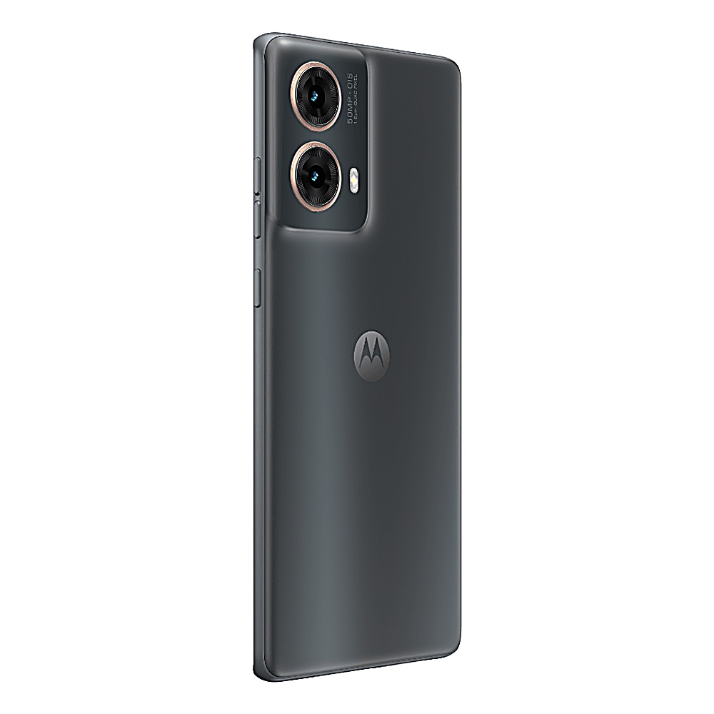 Dunkelgraues Smartphone, Rückansicht, mit zwei Kameras und einem Logo. Isoliert auf Weiß.