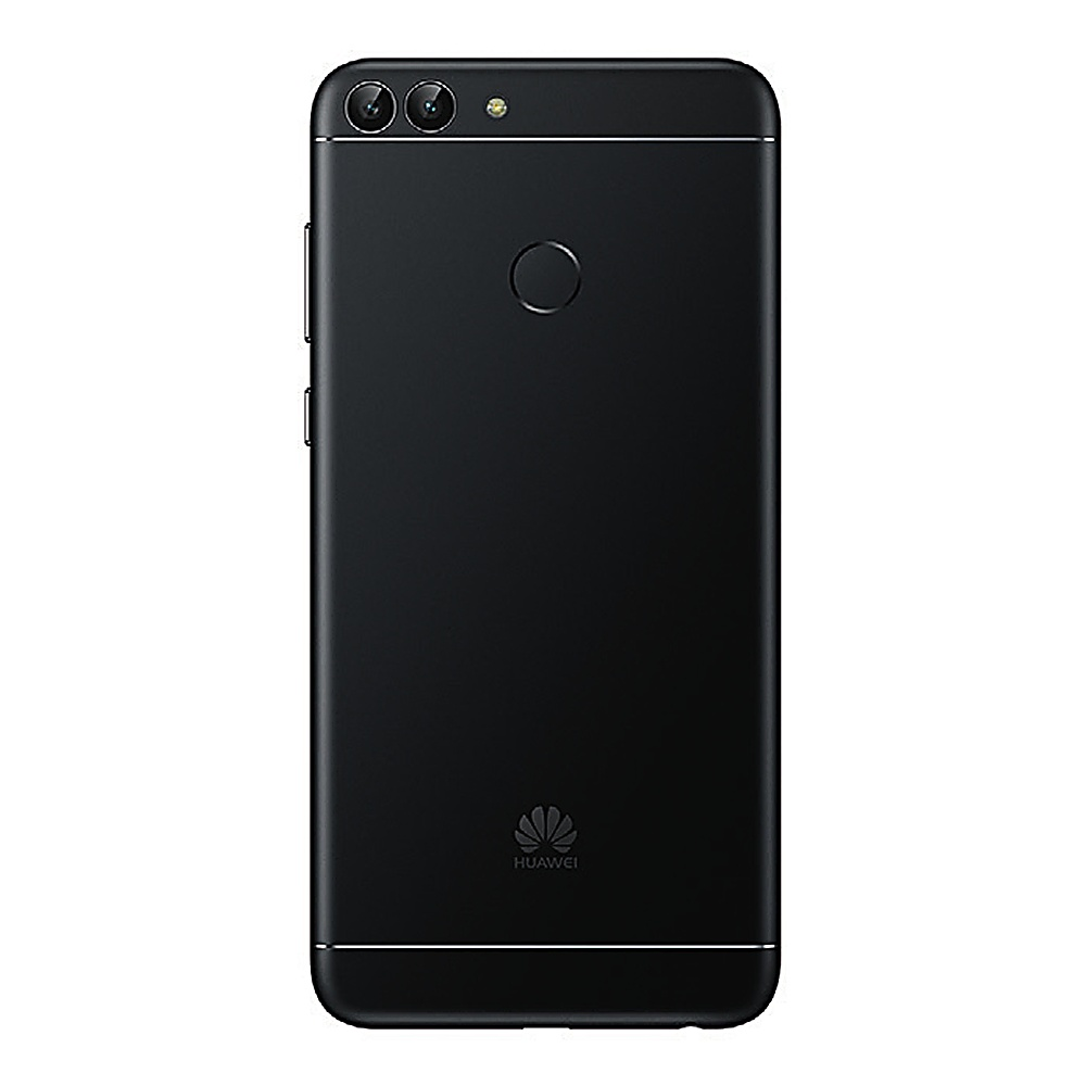 Czarny tył telefonu z podwójnymi aparatami, czytnikiem linii papilarnych i logo Huawei.