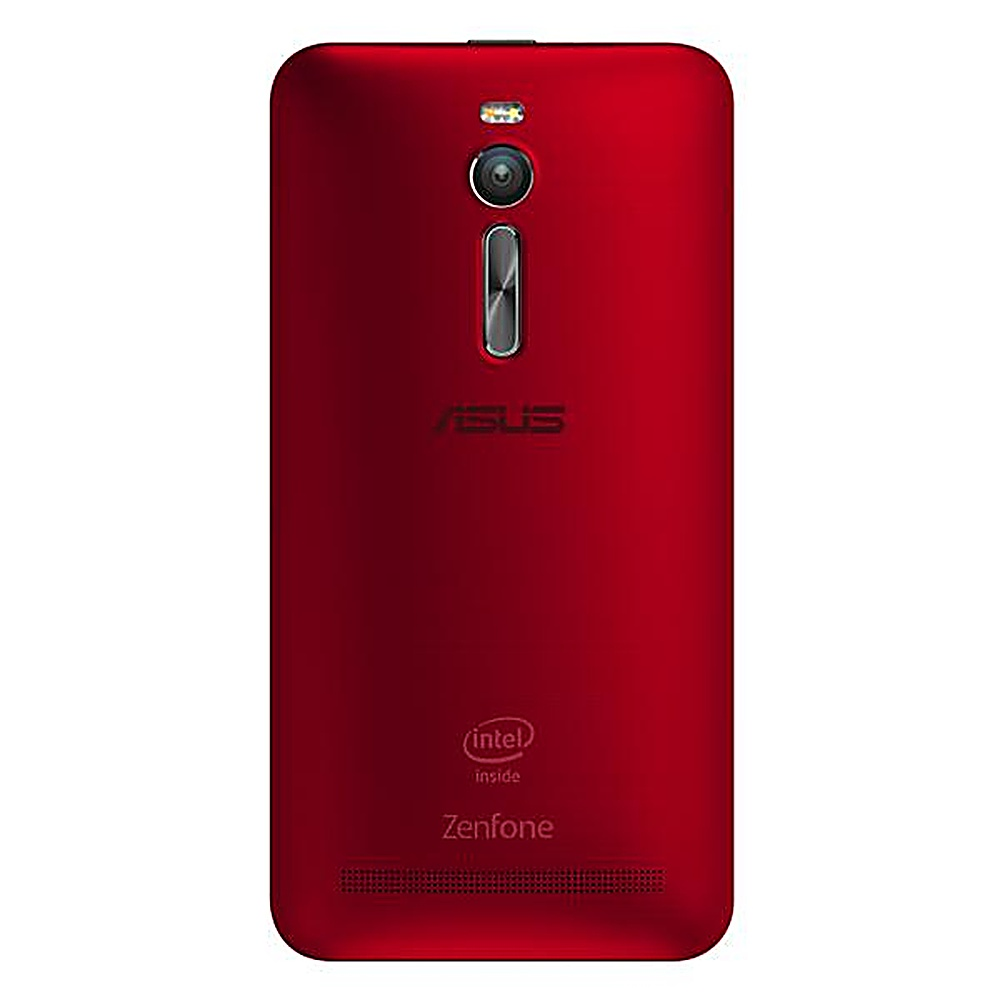 Retro del telefono ASUS rosso. Ha fotocamera, flash e logo ASUS. Il retro è di colore rosso pieno.