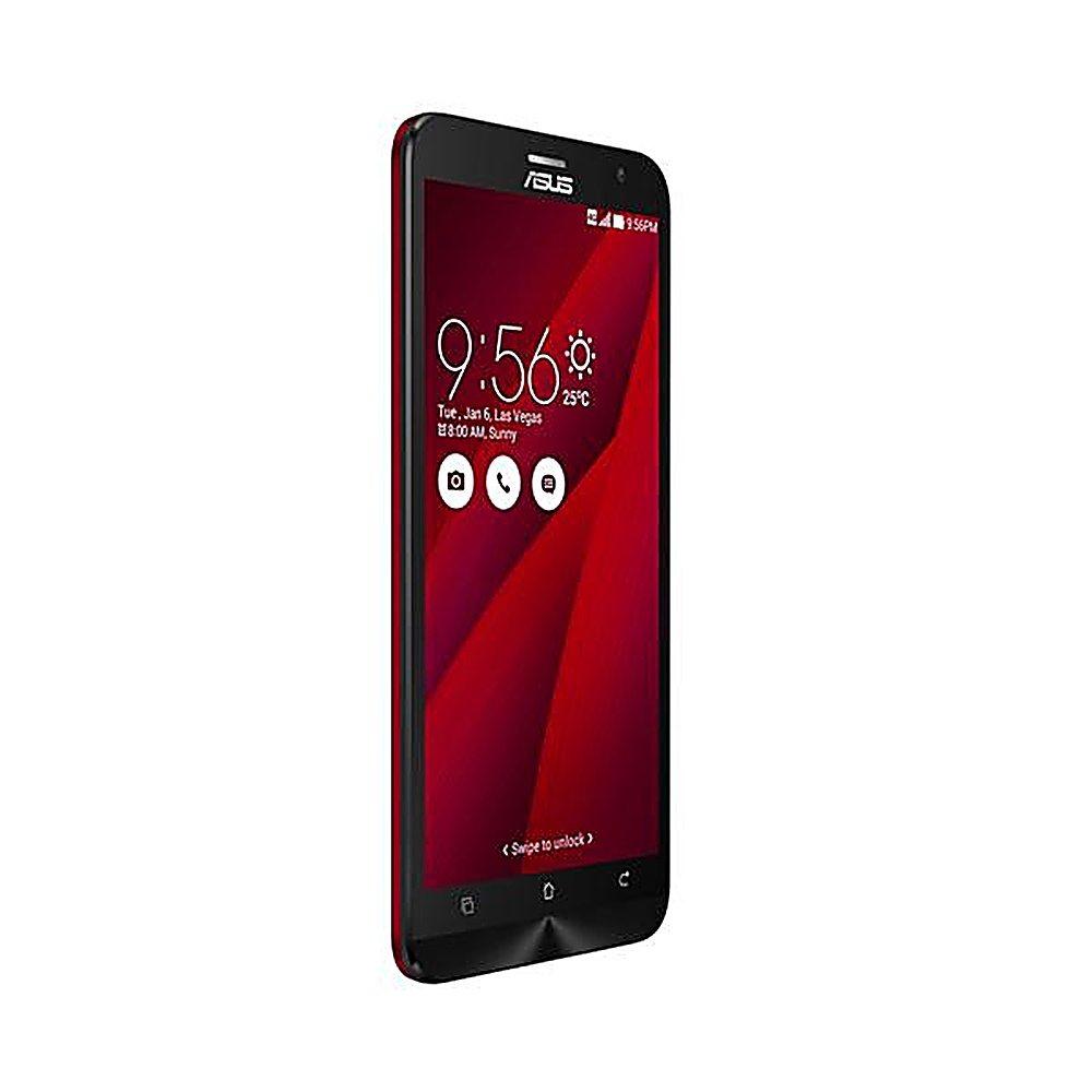 Telefono ASUS rosso con schermo nero che mostra l'ora e le impostazioni. Logo ASUS e pulsanti.