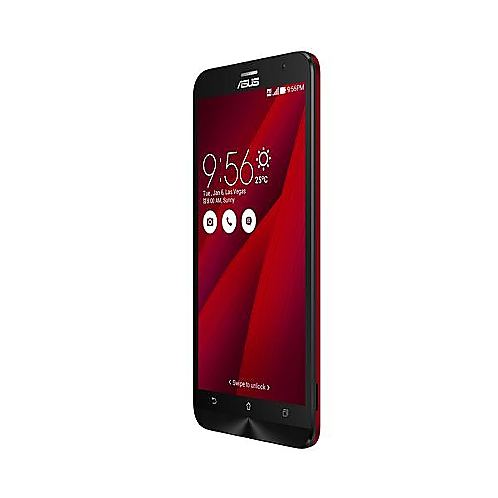 Telefono Asus rosso e nero che mostra l'ora e la data. Lo schermo è rosso con accenti neri.