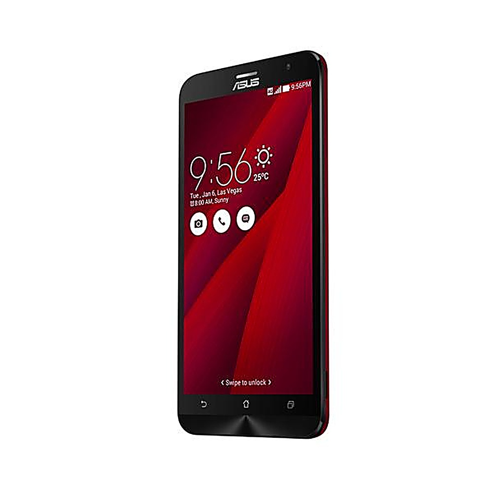 Telefono ASUS rosso con schermo nero che mostra l'ora e le impostazioni. Logo ASUS e pulsanti.