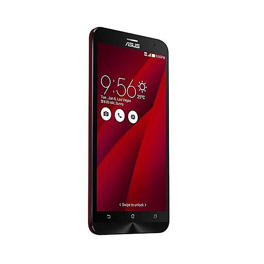 Smartphone Asus nero e rosso, con visualizzazione dell'ora. Vista frontale.