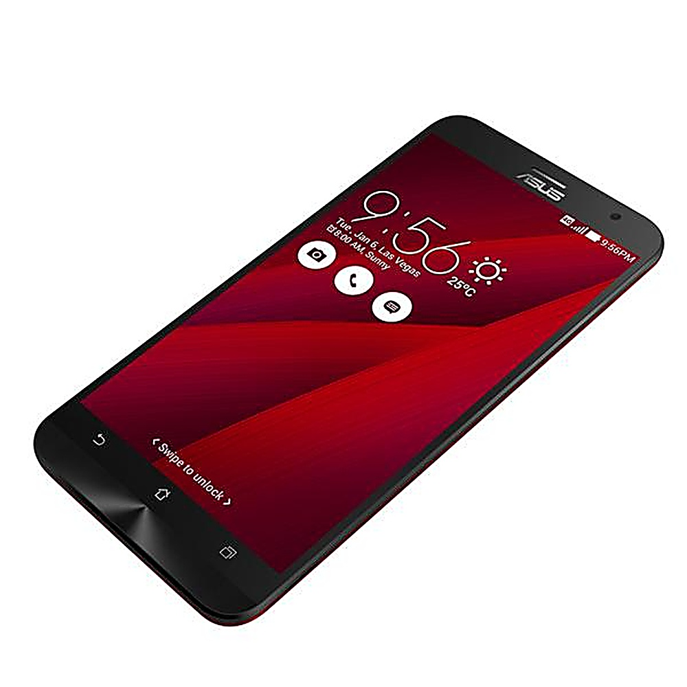 Telefono Asus, vista angolata. Lo schermo è rosso con dettagli neri. Visualizza ora, data e icone.