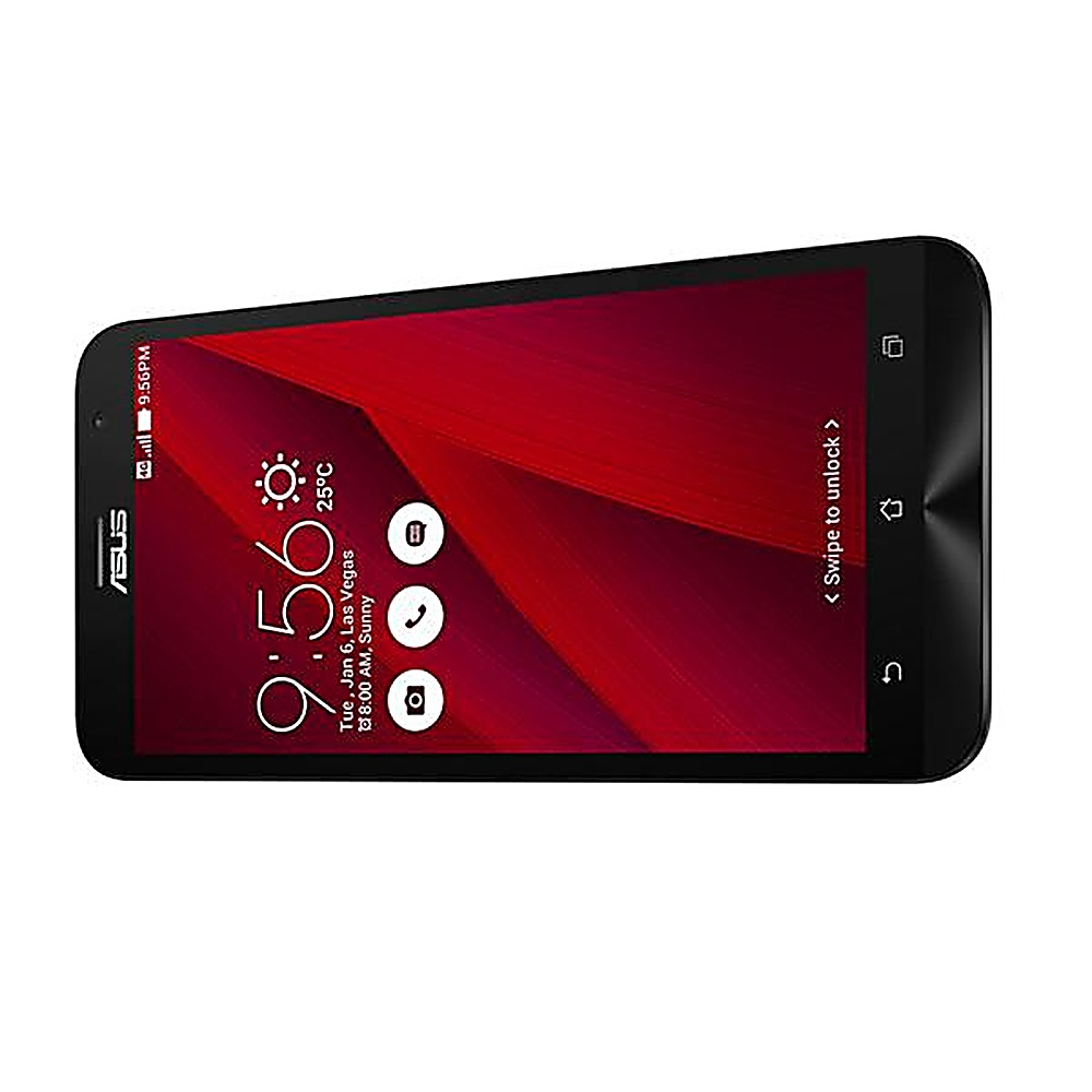 Telefono Asus, vista angolata, nero con schermo rosso che mostra l'ora. Icone e scorri per sbloccare.