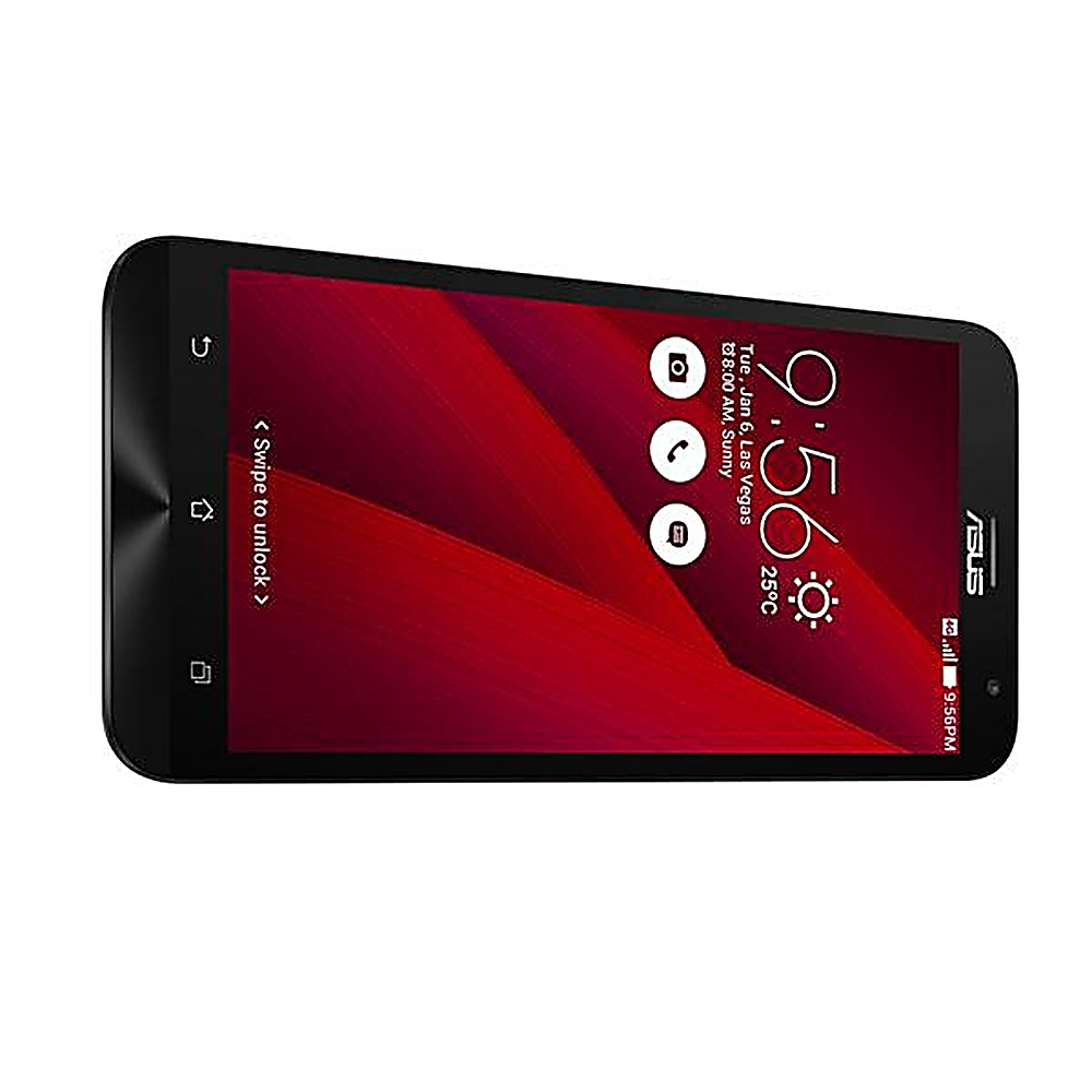 Telefono ASUS nero con schermo rosso che mostra l'ora. Ha pulsanti di navigazione e logo ASUS.