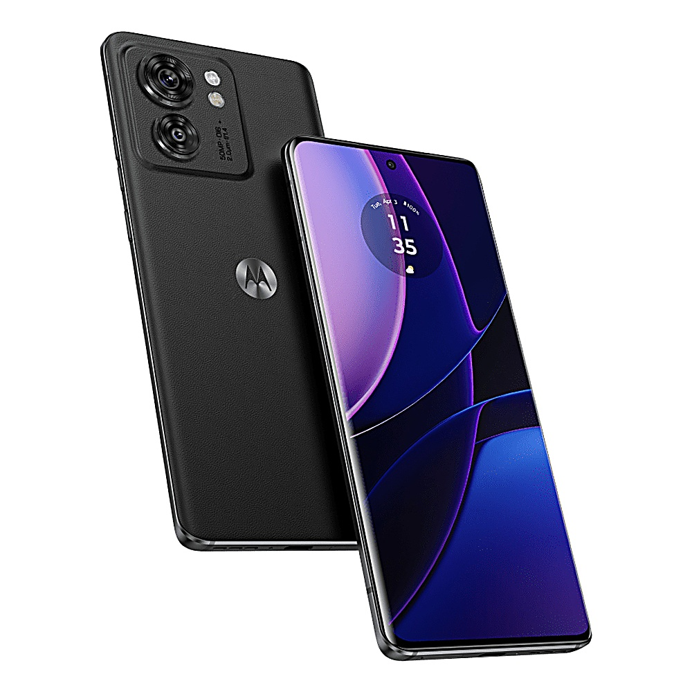 Dwa telefony, czarny Motorola, z matrycą aparatu i telefon wyświetlający godzinę na białym tle.