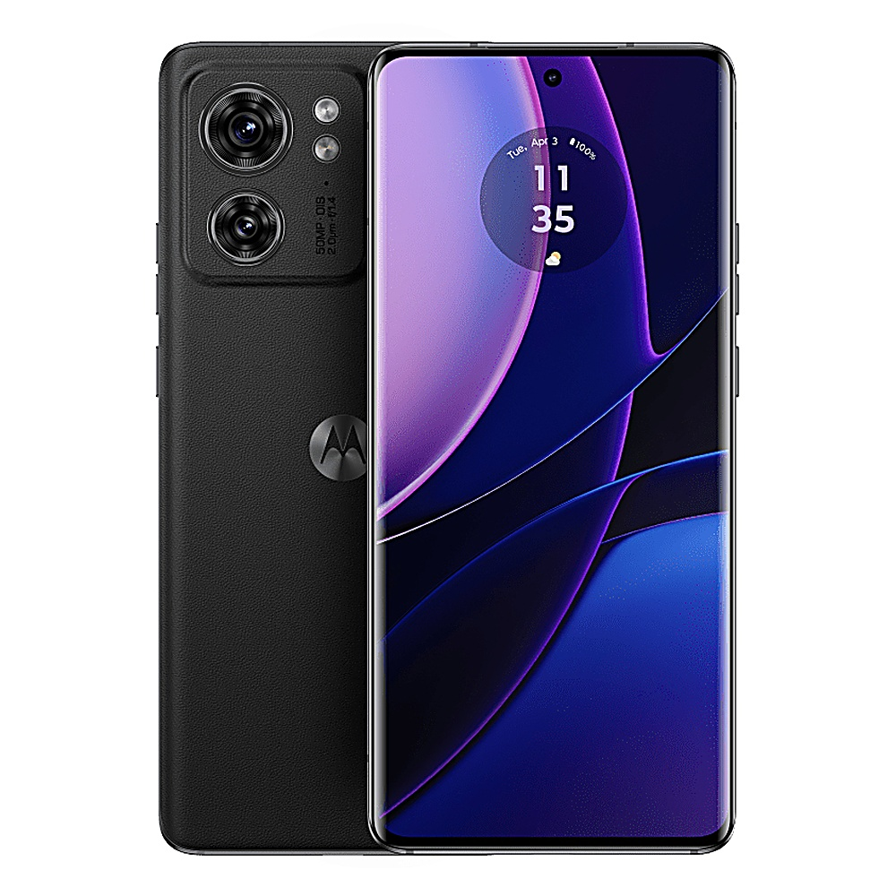 Dwa telefony, czarny Motorola, z matrycą aparatu i telefon wyświetlający godzinę na białym tle.