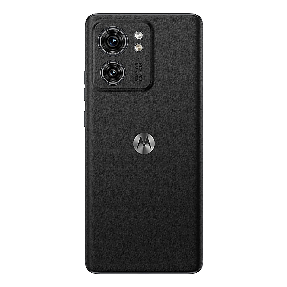 Tył czarnego smartfona z podwójnym aparatem, lampą błyskową i logo Motorola. Powierzchnia jest teksturowana.