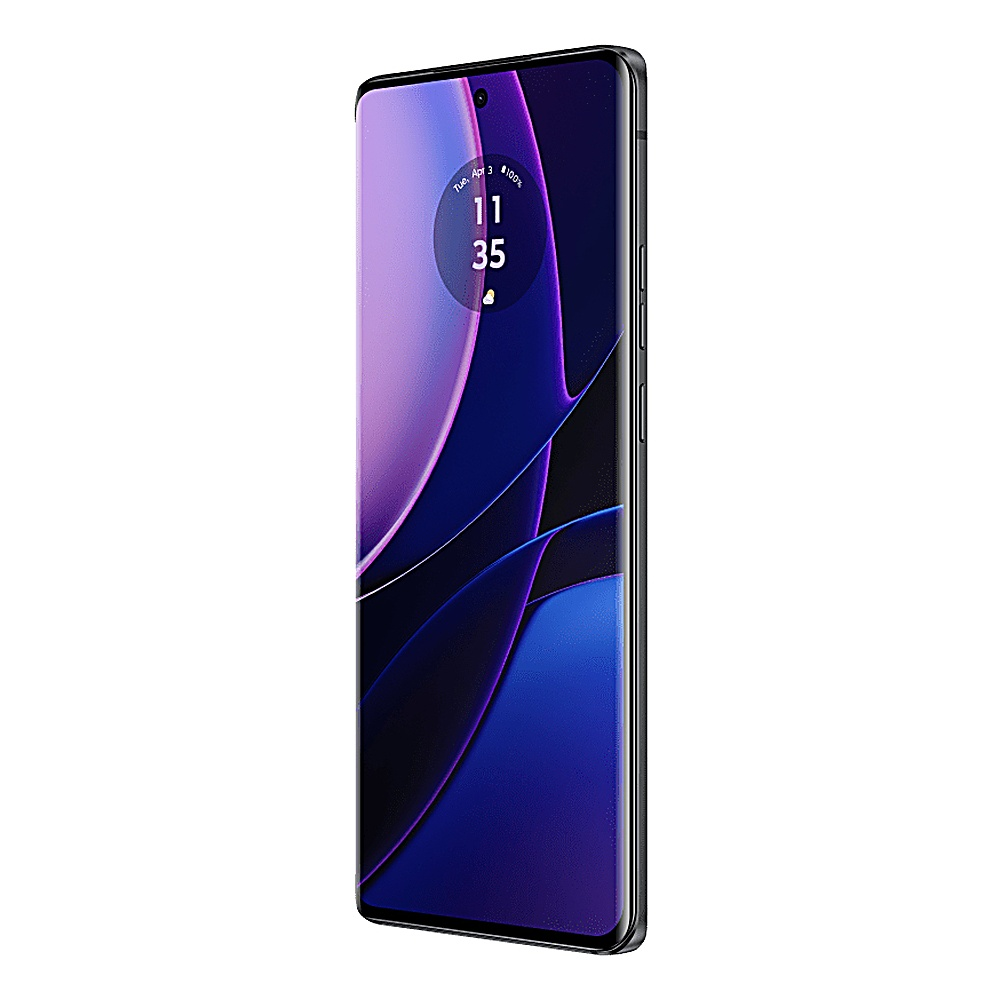 Smartfon wyświetla fioletowo-niebieską tapetę z wyświetlaniem czasu. Telefon jest czarny.