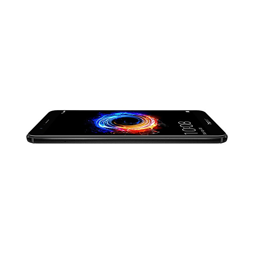 Telefono nero sdraiato. Schermo mostra vortice colorato. Isolato su sfondo bianco.