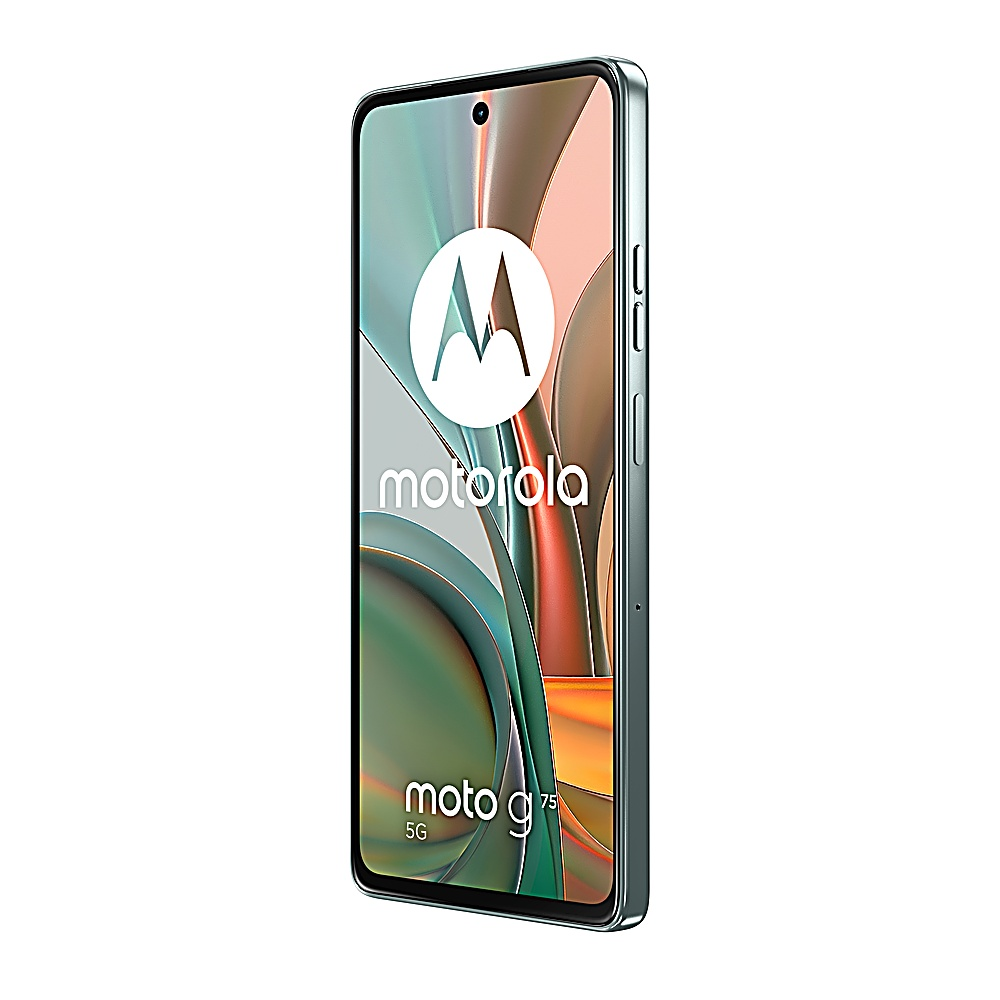 Motorola Moto g75 Smartphone auf Weiß. Der Bildschirm zeigt das Motorola-Logo und das Modell.