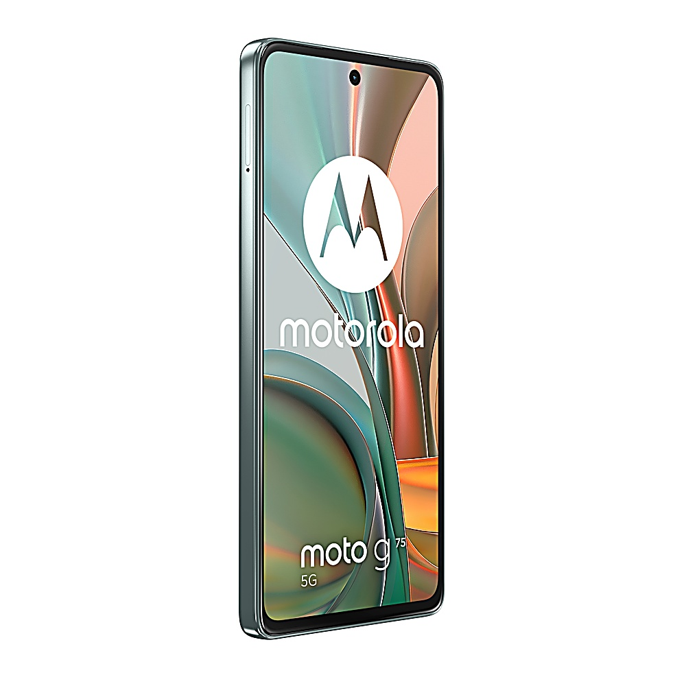 Motorola Moto g75 Smartphone auf Weiß. Der Bildschirm zeigt das Motorola-Logo und das Modell.