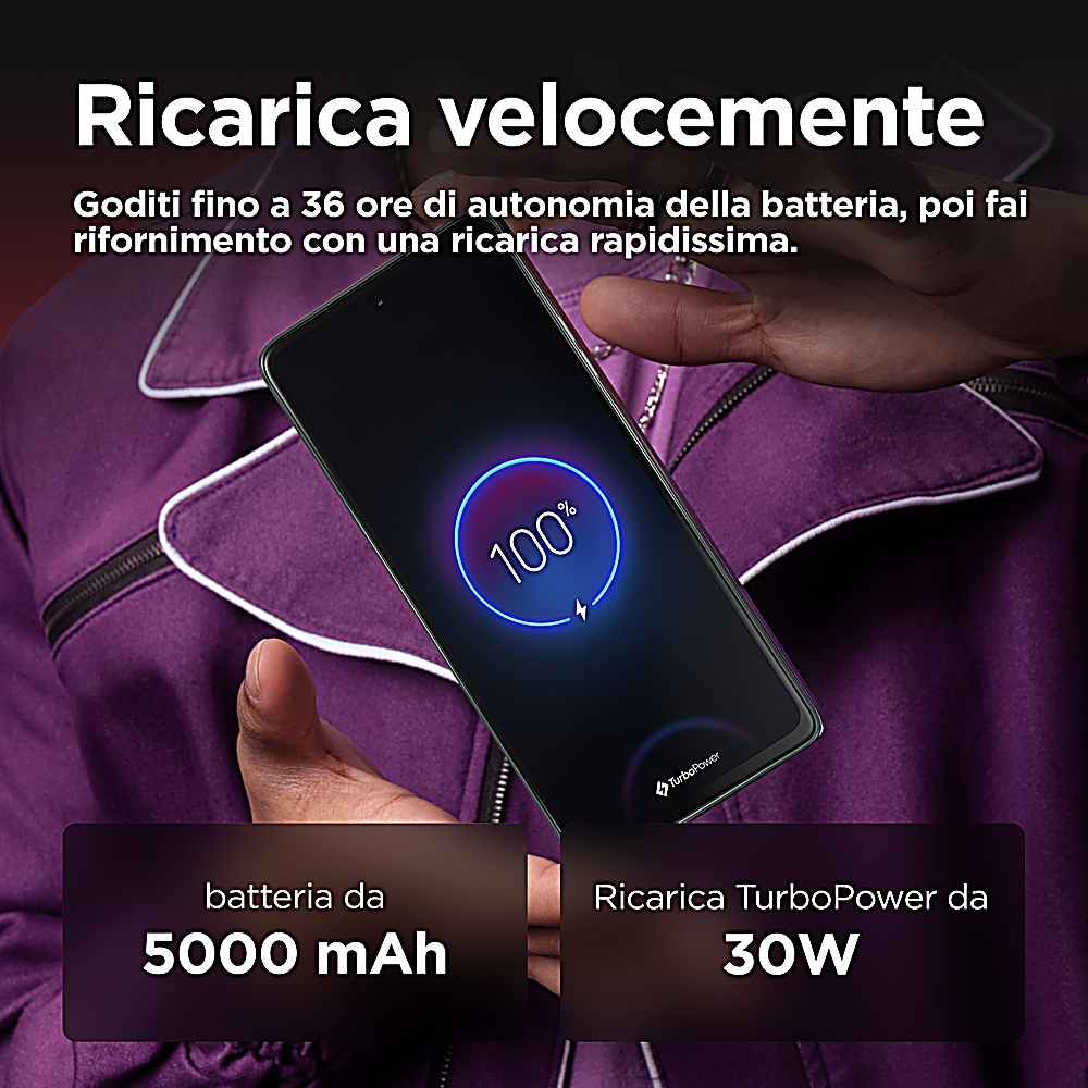 Hand hält Telefon mit 100 % Ladung. Text: 'Schnellladung', Akku 5000 mAh, 30W TurboPower.