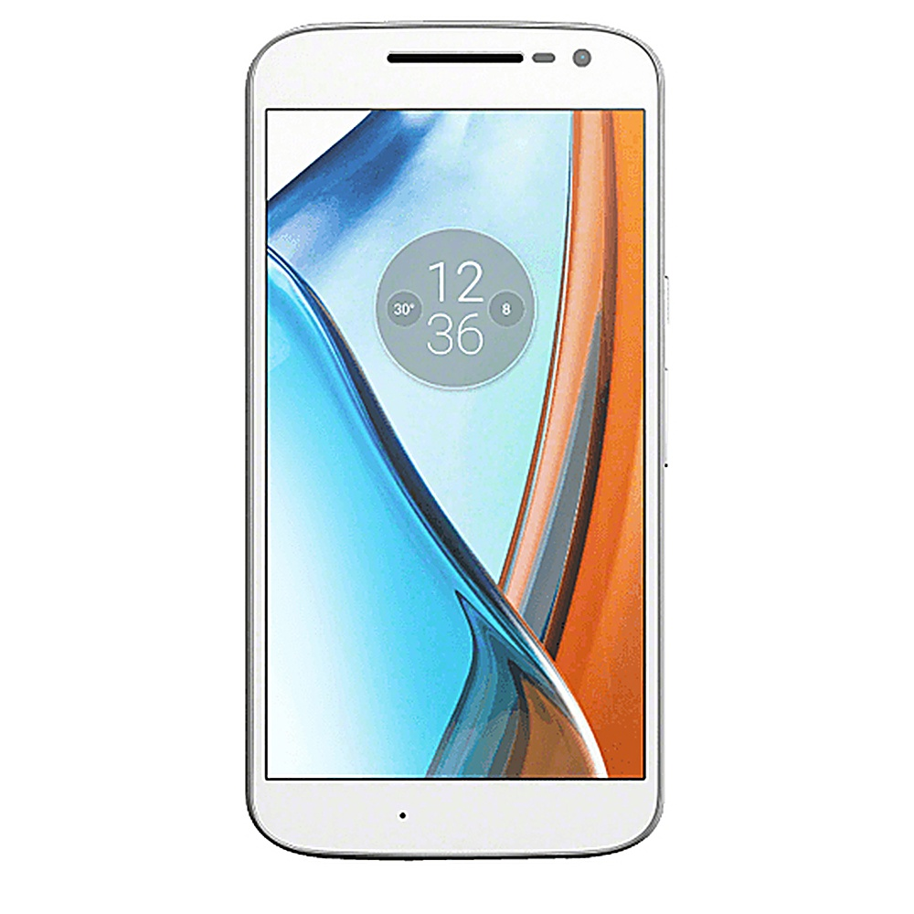 Smartphone bianco con schermo che mostra un'immagine colorata. Il telefono è su sfondo bianco.