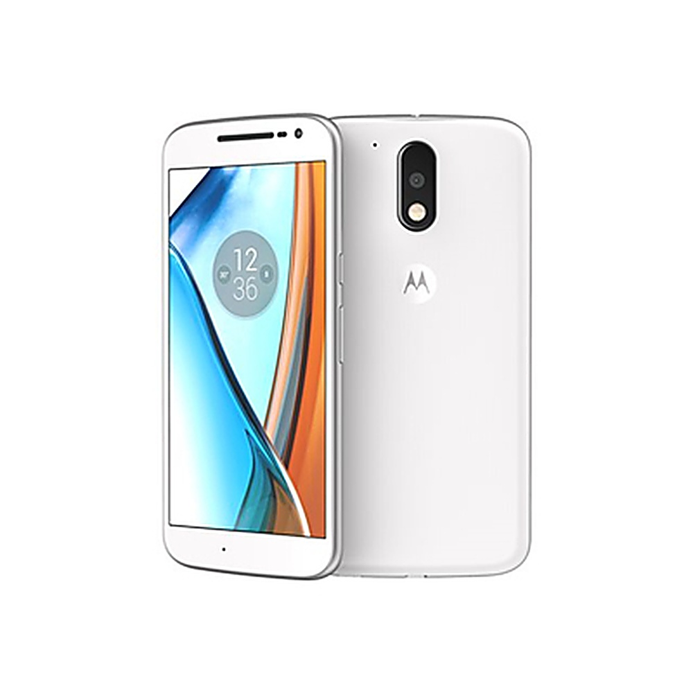 Smartphone bianco con viste frontali e posteriori. Lo schermo mostra l'ora e lo sfondo. Su una superficie bianca.
