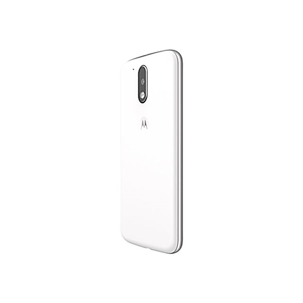 Retro di smartphone bianco con fotocamera e logo. Il telefono è su sfondo bianco.