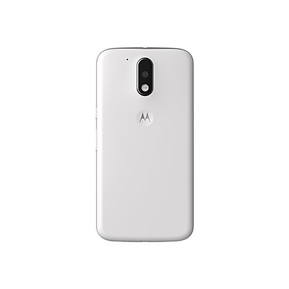 Retro di smartphone bianco con fotocamera e logo. Il telefono è su sfondo bianco.