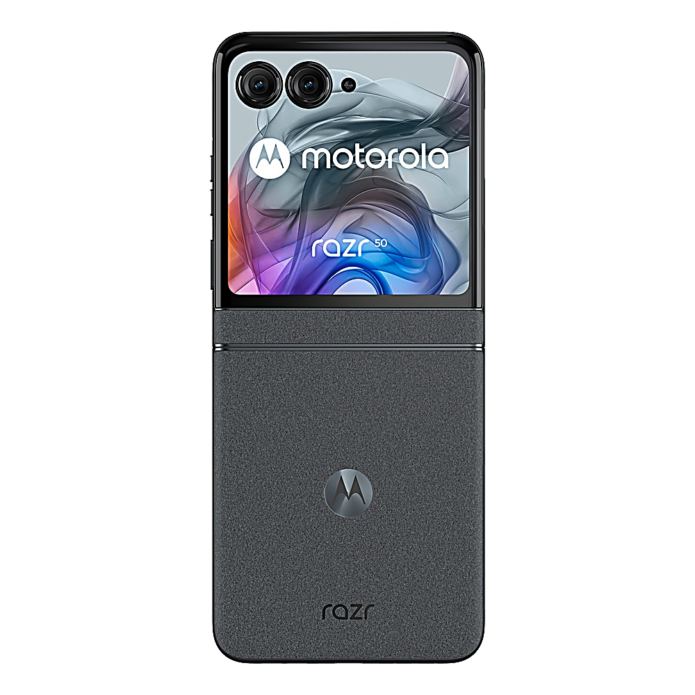 Motorola Razr 50 grigio, semiaperto. Il display mostra logo e design astratto. Cornice scura.