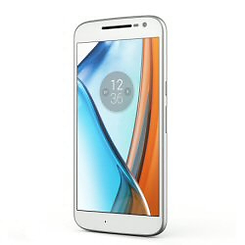 Smartphone bianco e argento. Lo schermo mostra un design astratto blu e arancione. Vista inclinata.