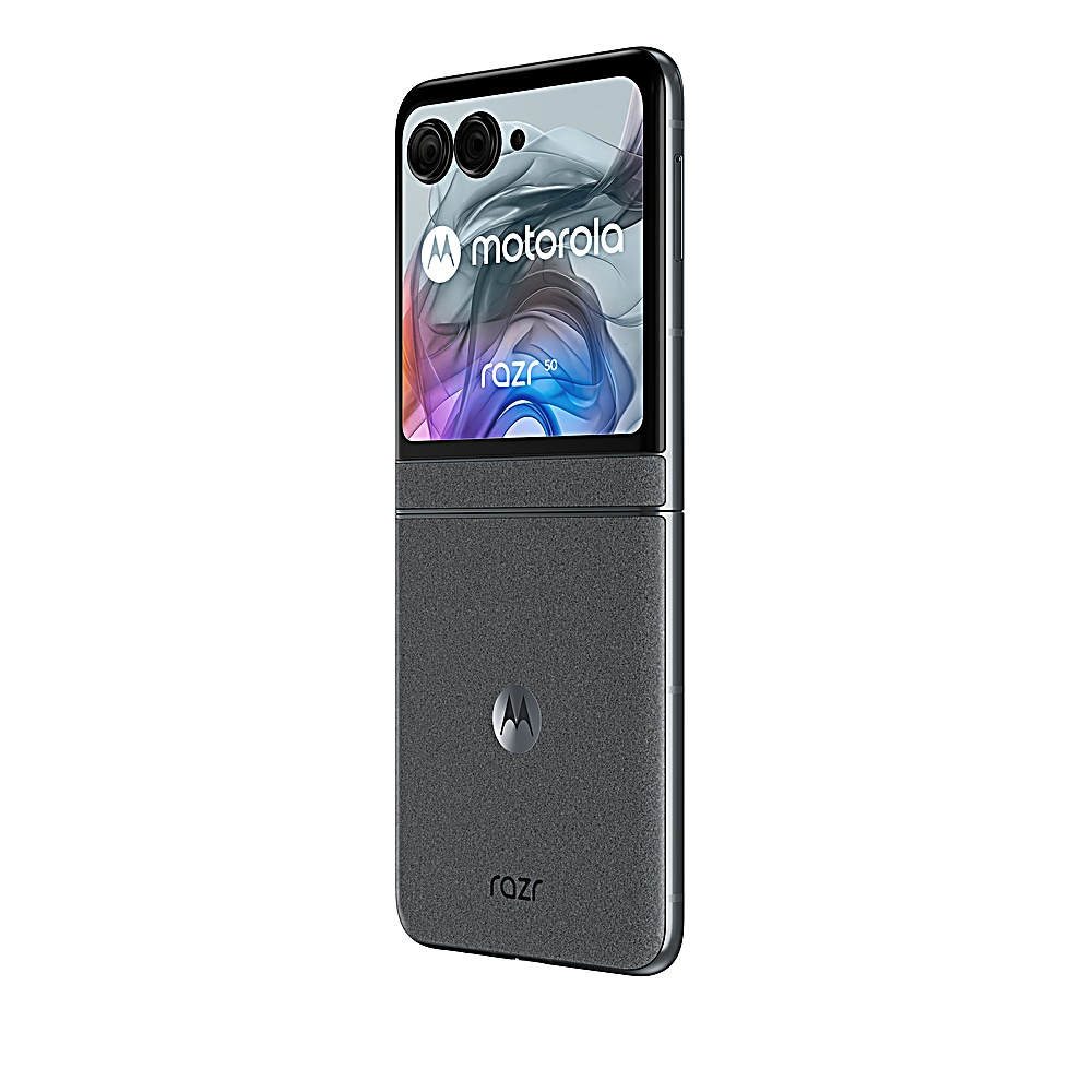 Telefono Motorola Razr grigio, parzialmente aperto. Il display mostra il logo e arte astratta.