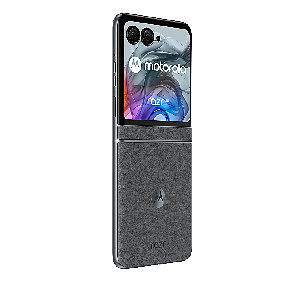 Telefono Motorola Razr grigio, parzialmente aperto. Il display mostra il logo e arte astratta.