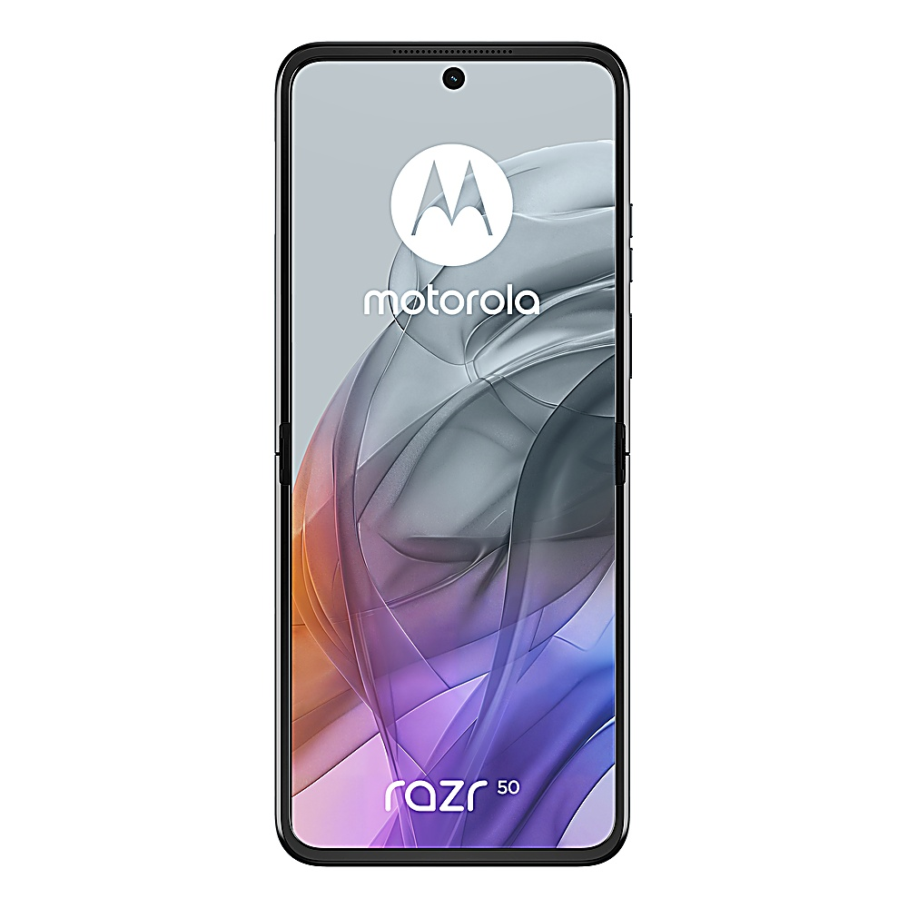 Motorola Razr 50, aperto. Il display mostra logo e design astratto. Cornice nera.