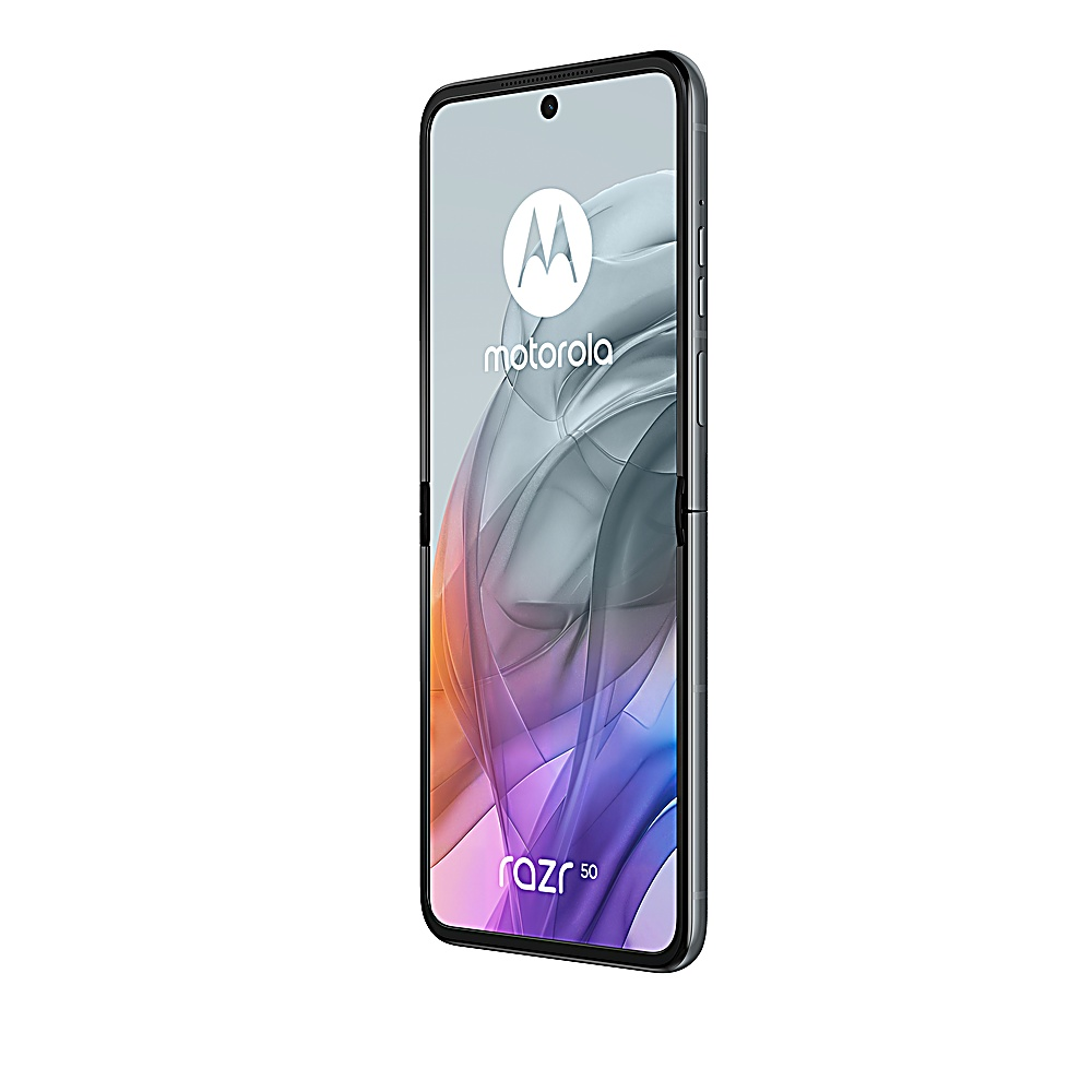 Motorola Razr 50, aperto. Il display mostra logo e design astratto. Cornice nera.