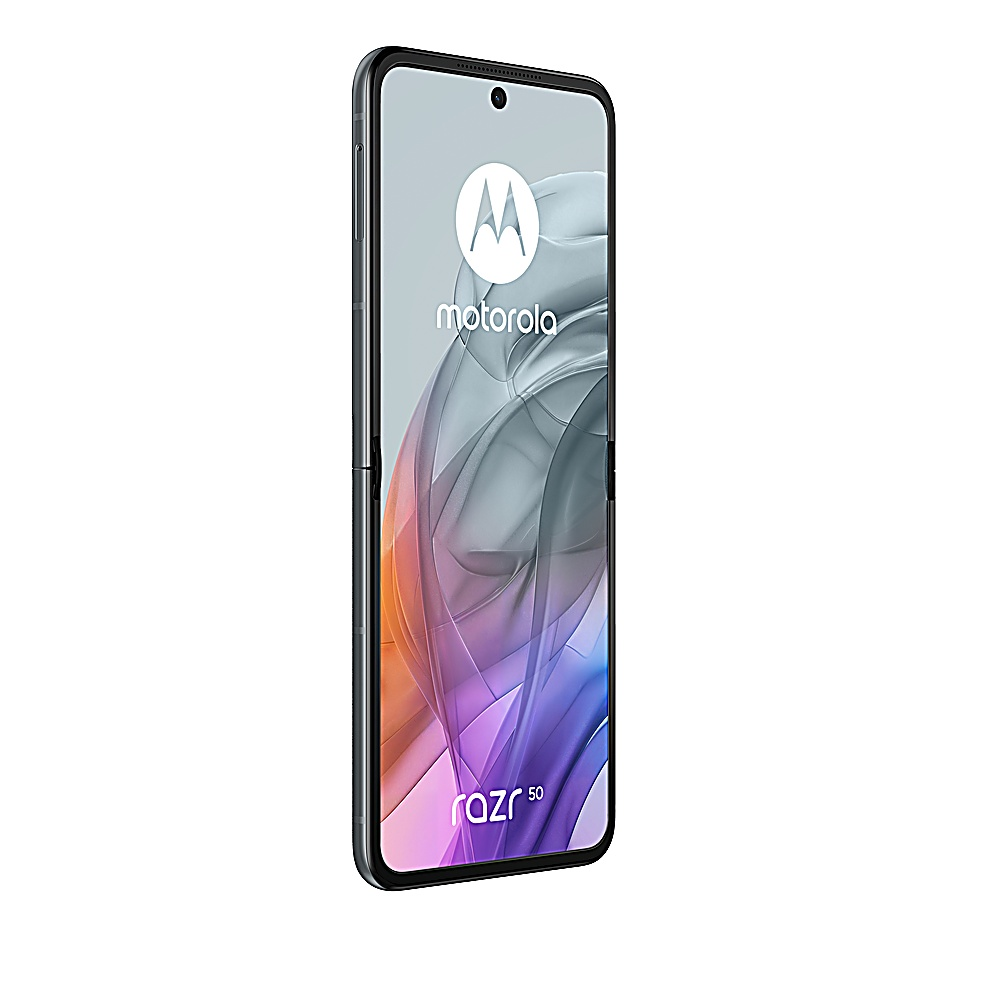 Telefono Motorola Razr, aperto. Il display mostra logo e design astratto, con cornice nera.