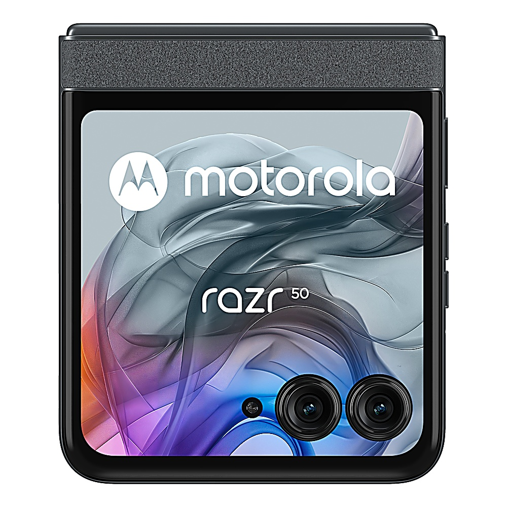 Motorola Razr 50, chiuso. Telefono nero, due fotocamere e un piccolo schermo visibile.