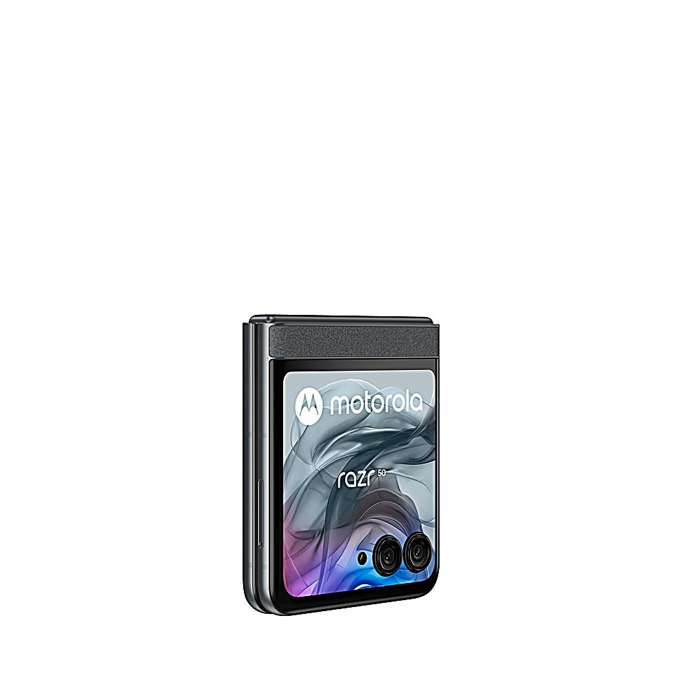 Motorola Razr 50, chiuso. Telefono piegato, nero con un piccolo schermo visibile.