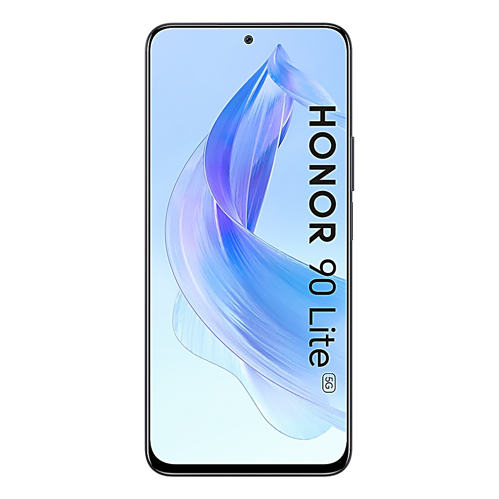Honor 90 Lite Telefon. Blaues und weißes Design. Auf dem Bildschirm steht 90 Lite 5G.