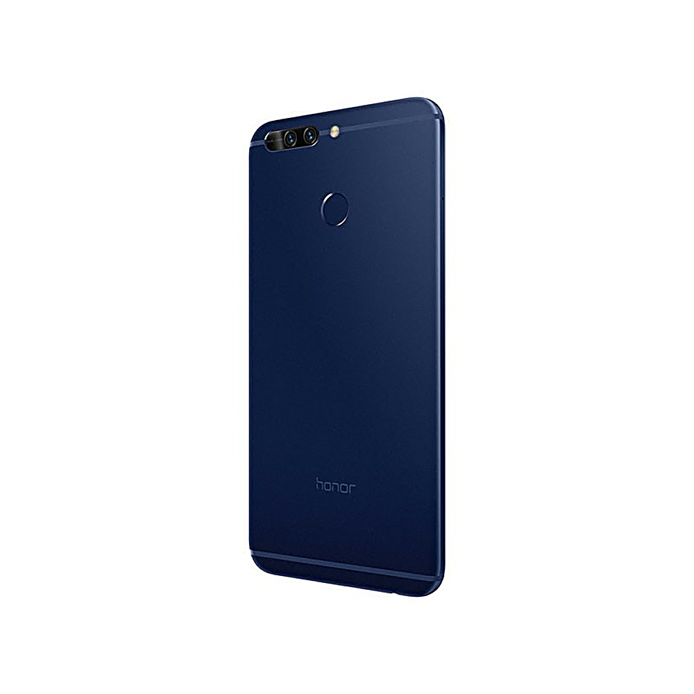 Retro di smartphone blu, con doppia fotocamera, sensore di impronte digitali e la parola 'honor'.