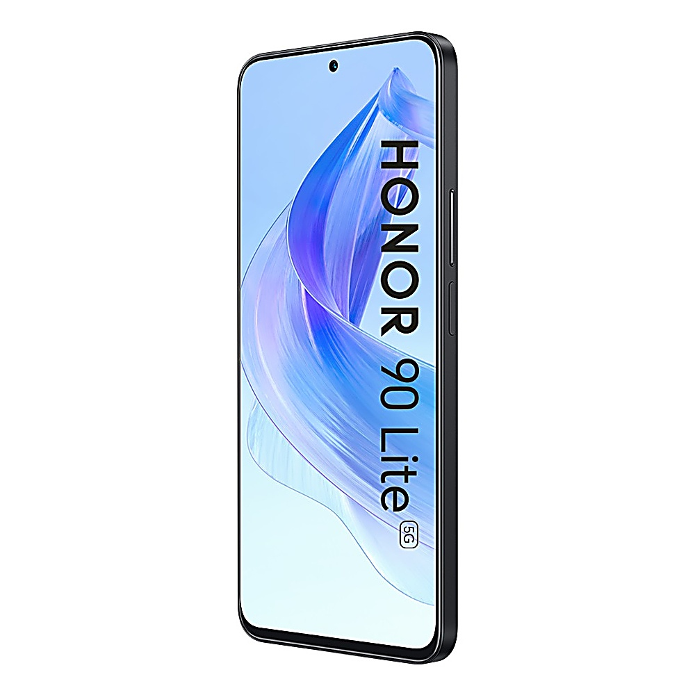 Honor 90 Lite Telefon. Blaues und weißes Design. Auf dem Bildschirm: Honor 90 Lite 5G.