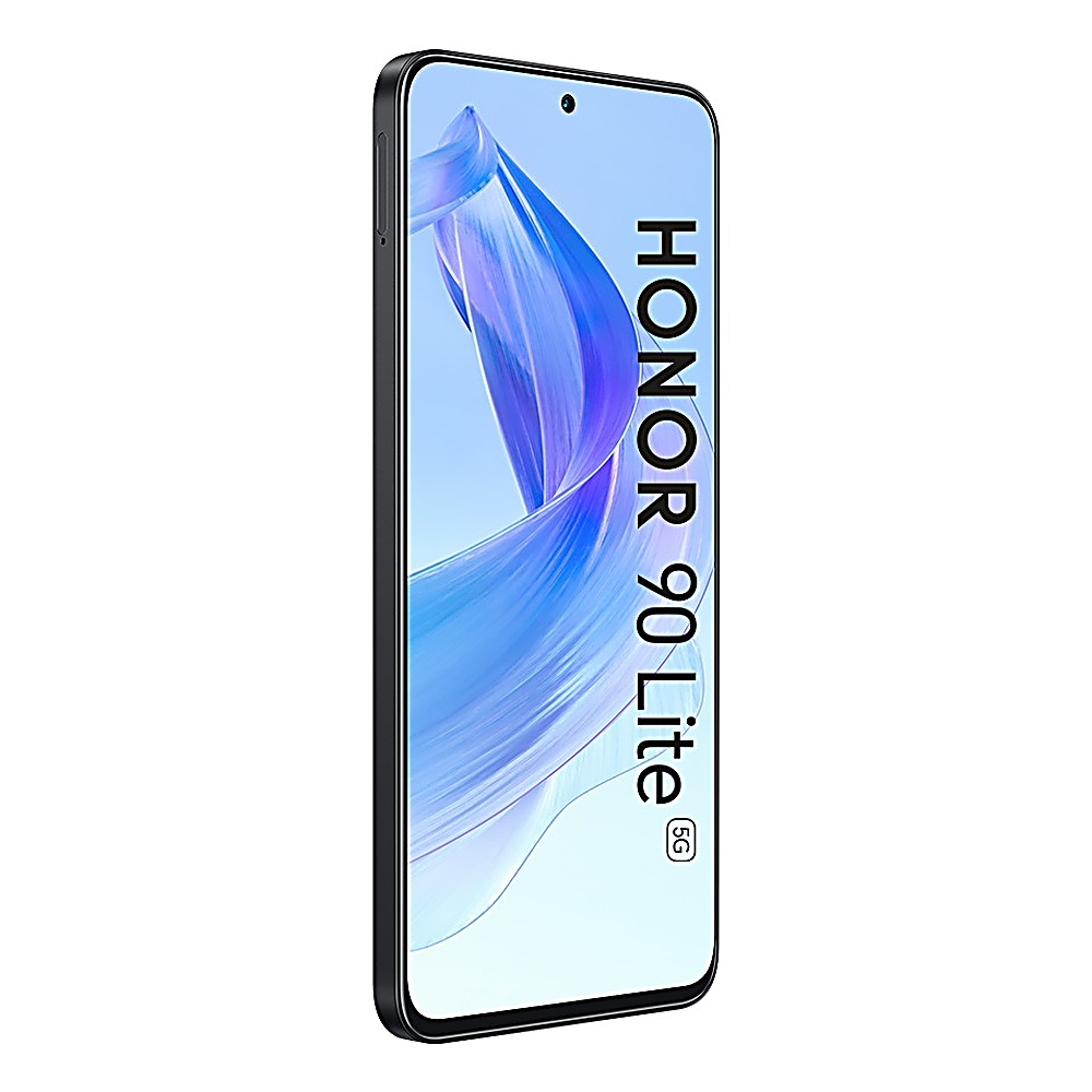 Smartphone mit den Worten 'HONOR 90 Lite' auf dem Bildschirm, grünem Rahmen und weißem Hintergrund.